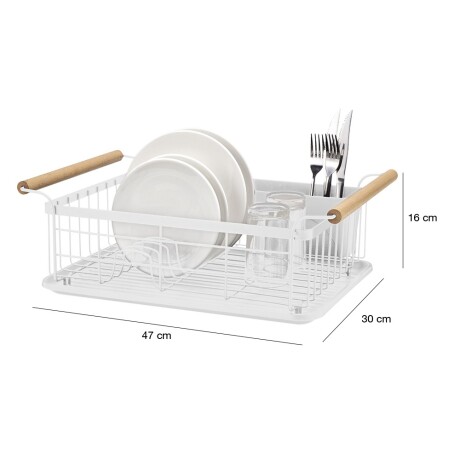 Escurridor Vajilla Metal c/ Asas Madera Bandeja y Cubiertero Blanco