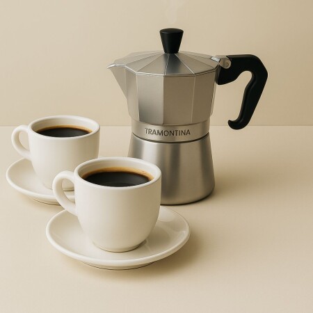 Pack Cafetera Italiana Tramontina + 2 Taza con Plato Pack Cafetera Italiana Tramontina + 2 Taza con Plato