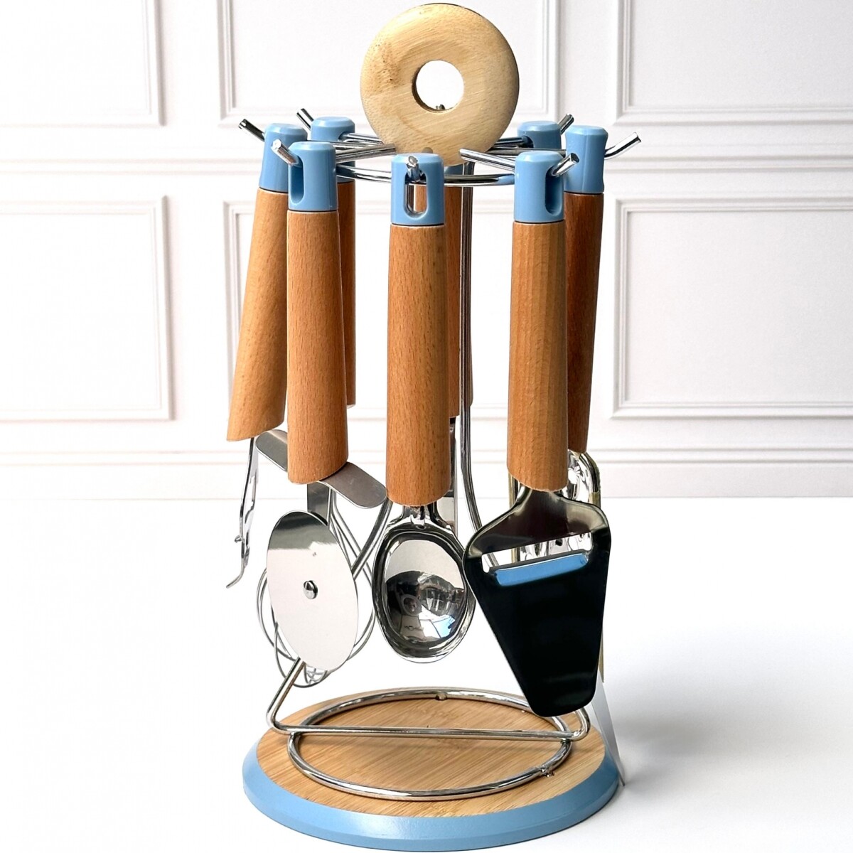 Set de 8 utensilios Acero/Bambú de cocina con soporte 