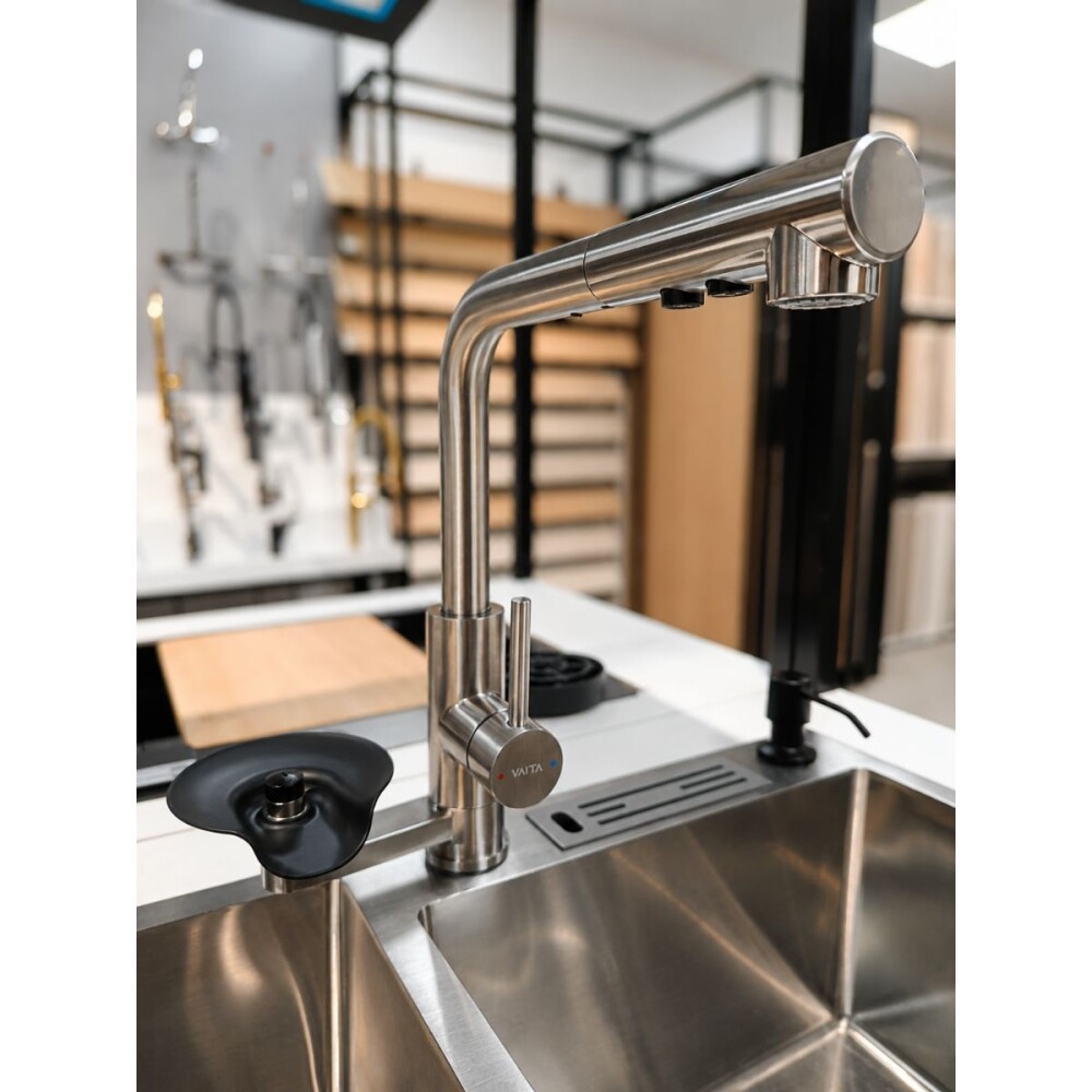Grifería de Cocina monocomando de Mesada con lavavasos satinado en L pico extraible Grifería De Cocina Monocomando De Mesada Con Lavavasos Satinado En L Pico Extraible