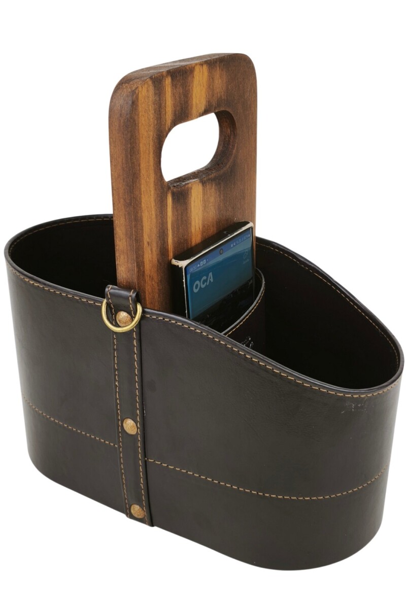 Matera canasta en madera con porta celular Matera canasta en madera con porta celular