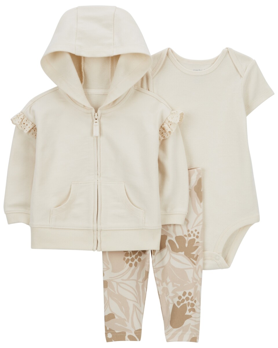 Set tres piezas de algodón, campera, calza y body crema 