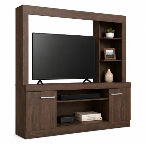 Rack de TV Panelero con Estantes y 2 Puertas - Soporta Televisores de hasta 50" - Color Marrón Rack de TV Panelero con Estantes y 2 Puertas - Soporta Televisores de hasta 50" - Color Marrón
