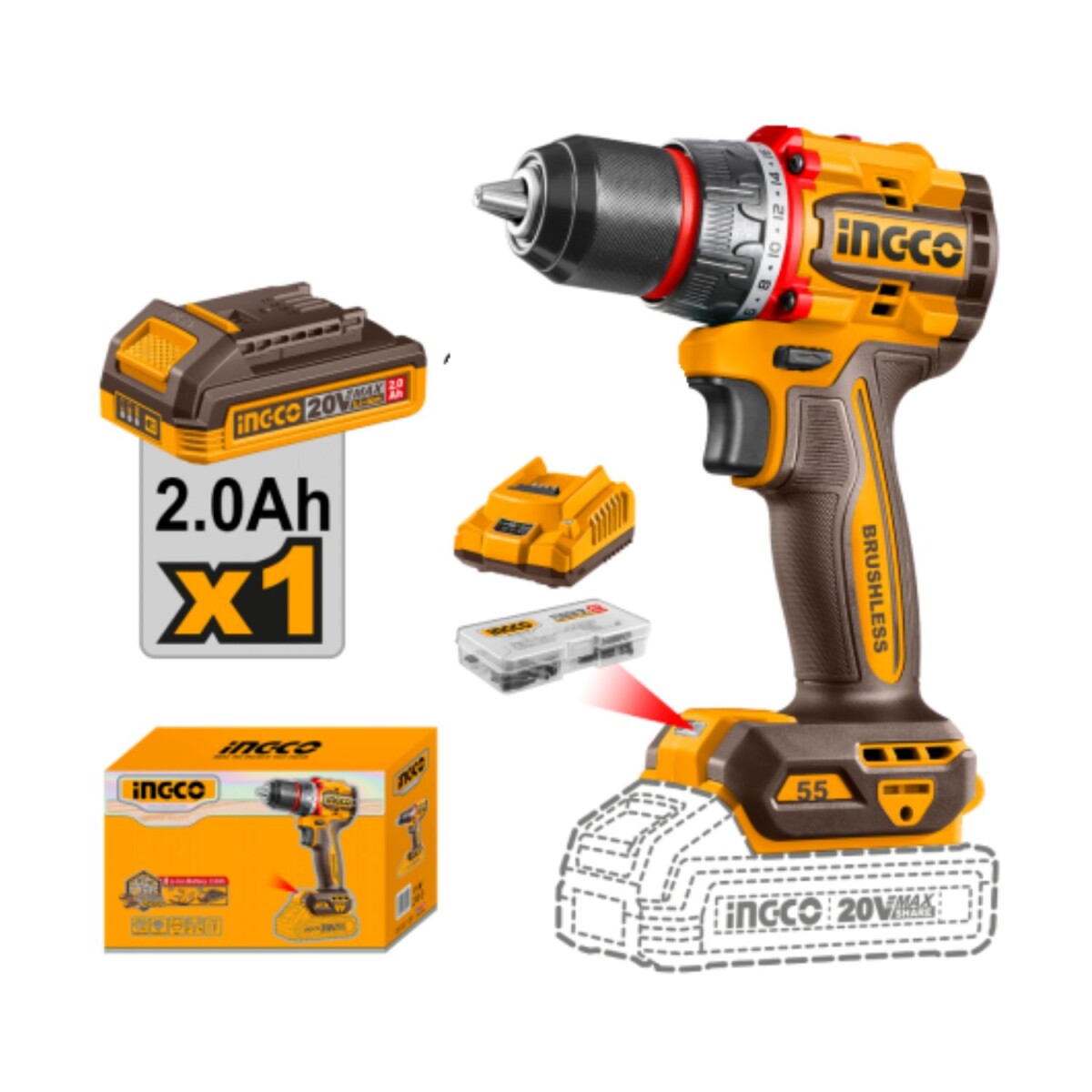 Taladro atornillador INGCO a batería con accesorios 