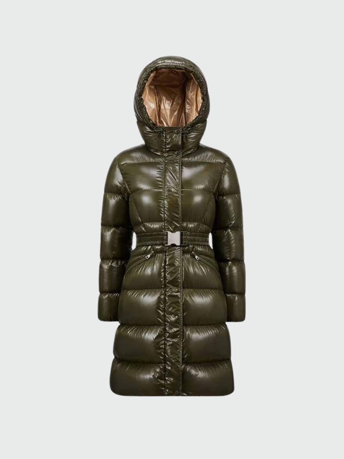 Moncler - Campera larga rellena de plumas con cinto ajustable, Bellevue Verde