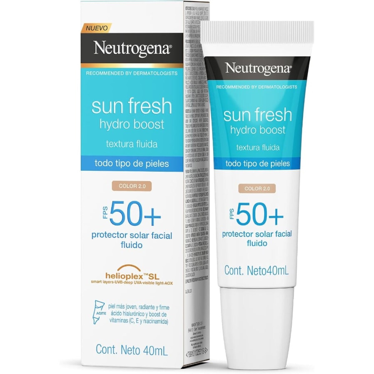 Neutrogena Sun Fresh Protector Solar Facial Fluido FPS50 con Color 2.0 40 ml | Protección Solar y Tono Uniforme 