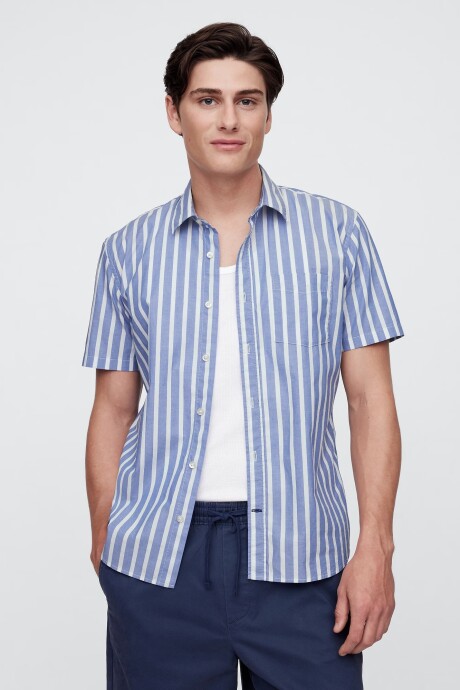 Camisa Poplin Manga Corta Hombre Blue White Stripe