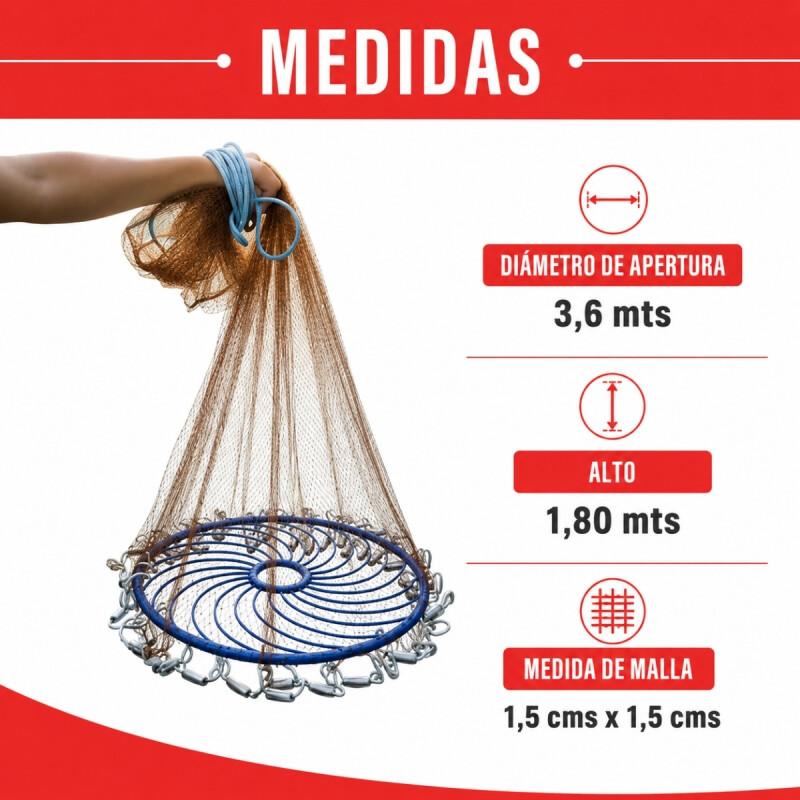 Tarraya para pesca 3,6 mts de diametro Blanca