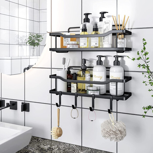 Estante Organizador Baño Ducha Set X2 Adhesivo Con Ganchos Imback Color Negro Estante Organizador Baño Ducha Set X2 Adhesivo Con Ganchos Imback Color Negro