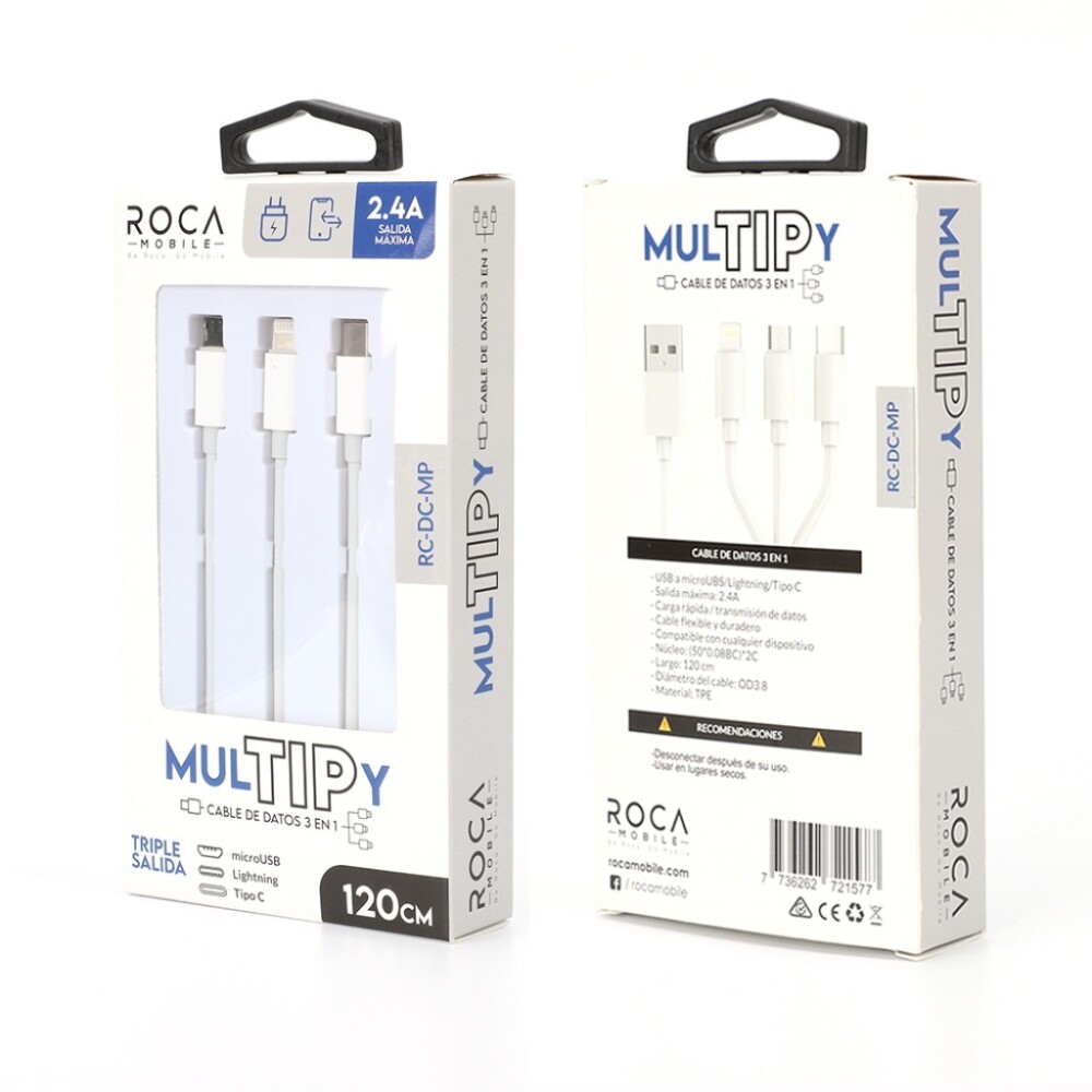 Cable 3 en 1 Roca Multipy 120cm Micro USB USB-C Lightning Blanco CABLE DE DATOS ROCA | MULTIPY | 3EN1 | 120CM | 2.4A | MICROUSB/TIPO C/LIGHTNING (SÓLO CARGA)| BLANCO