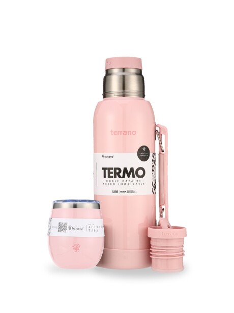 Kit Metalizado Termo 1LT Con Base De Silicona + Mate De Acero Con Tapa Rosado