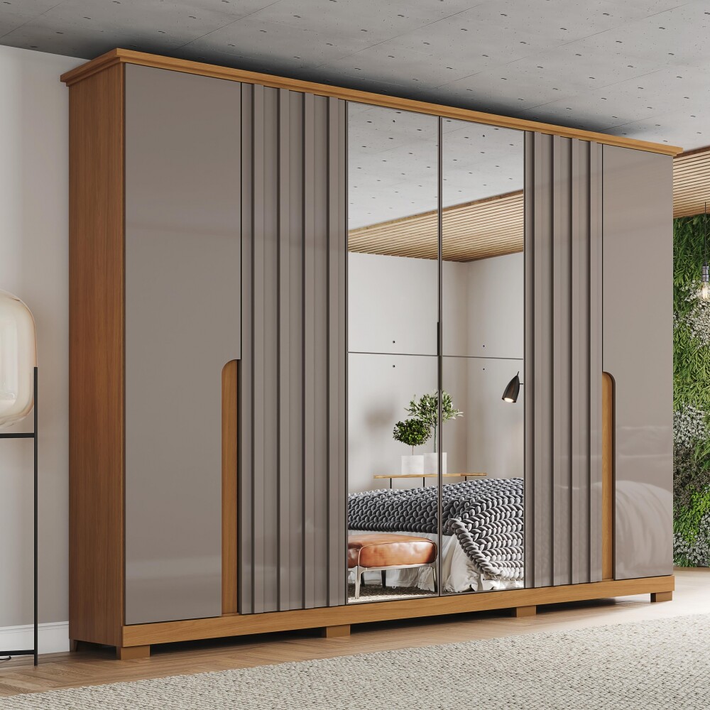 ROPERO NAPOLI 6 PUERTAS 6 CAJONES INTERNOS CON ESPEJO GUARDARROPA CLOSET ARMARIO CANELA