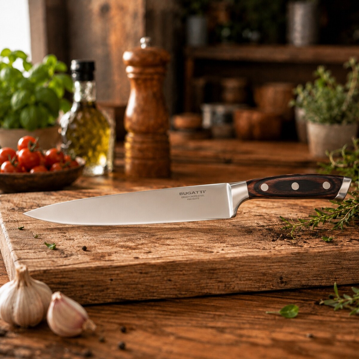 Cuchillo Chef Profesional Bugatti Ergo 20 cm Mango de Madera 