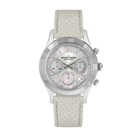 Reloj Jacques Lemans 1-2151B Venice cronógrafo con correa de cuero blanco Blanco
