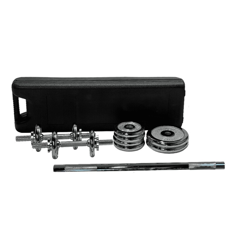 Set De Mancuernas Y Barra Cromadas con Valija Athletic 30Kg Plateado