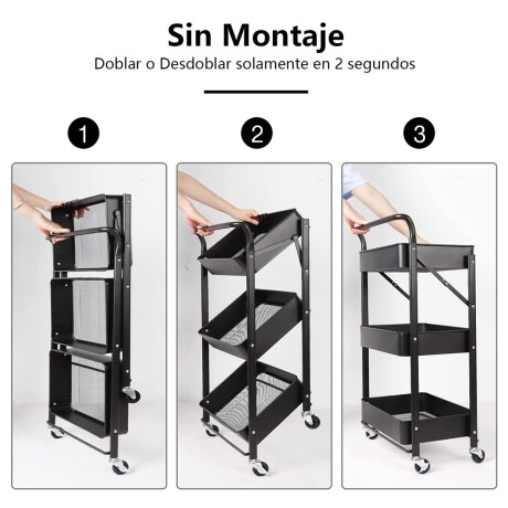 Carro Plegable Organizador Multiuso 3 Estantes Con Ruedas Negro