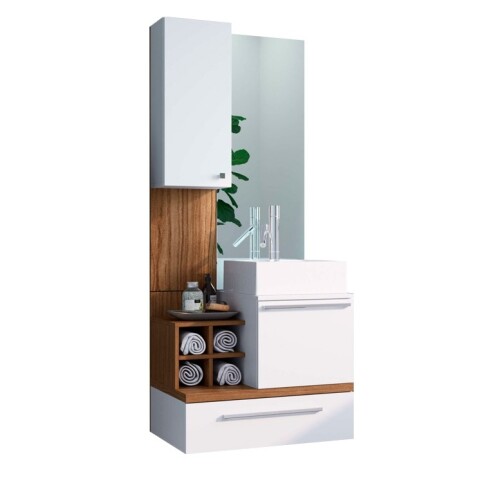 Mueble Baño + Bacha + Espejo Premium 15mm Blanco/roble Mueble Baño + Bacha + Espejo Premium 15mm Blanco/roble