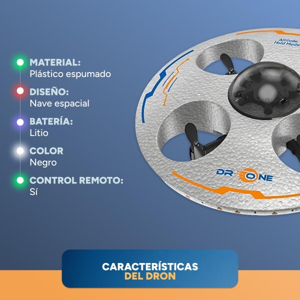 Drone Ovni Ufo Nave Espacial Luces RGB Control Remoto 80 Mts Color Gris