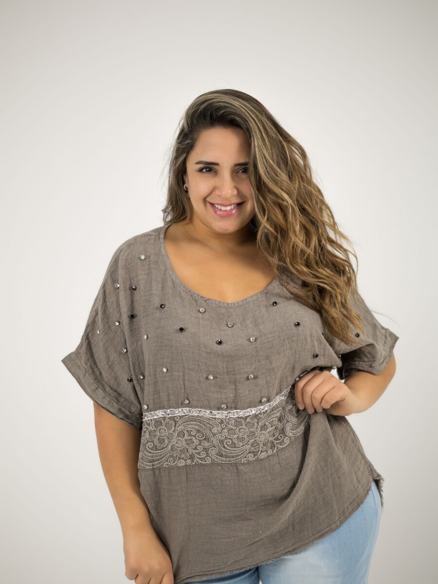 Blusa 100% lino Con strass bordado y lentejuelas Visón