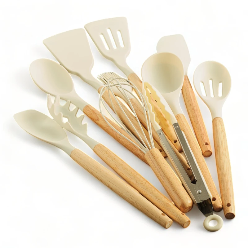 Set Utensilios Cocina Inicial Silicona Madera Plus Gourmet Crema