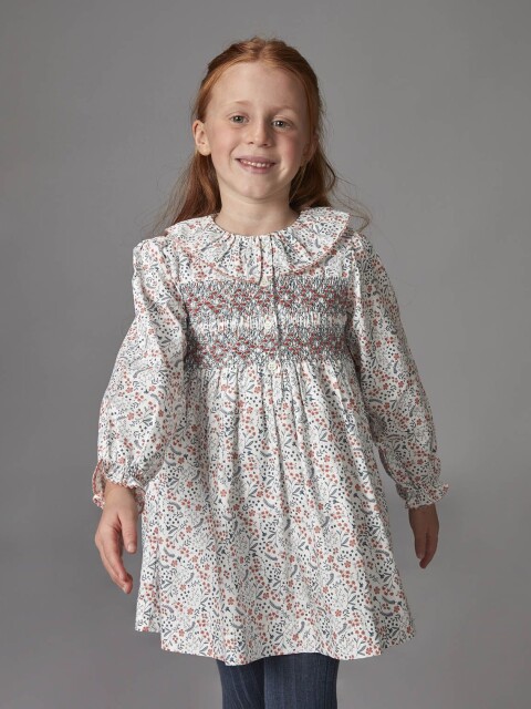 Vestido Smock De Flores Blanco Roto