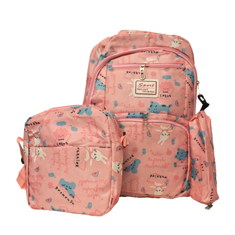 Set Mochila 3 Piezas Diseño Animalitos Escolar Resistente Rosa Claro