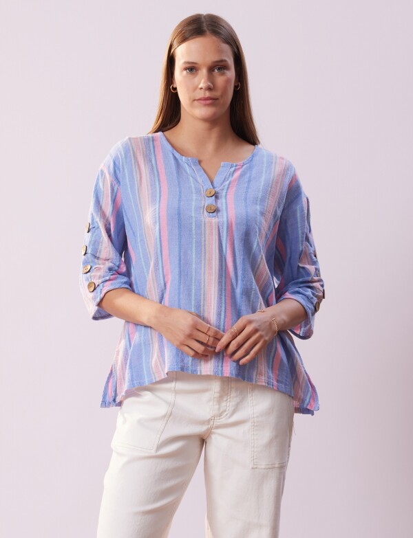 Blusa Algodon Botones MULTI/CELESTE