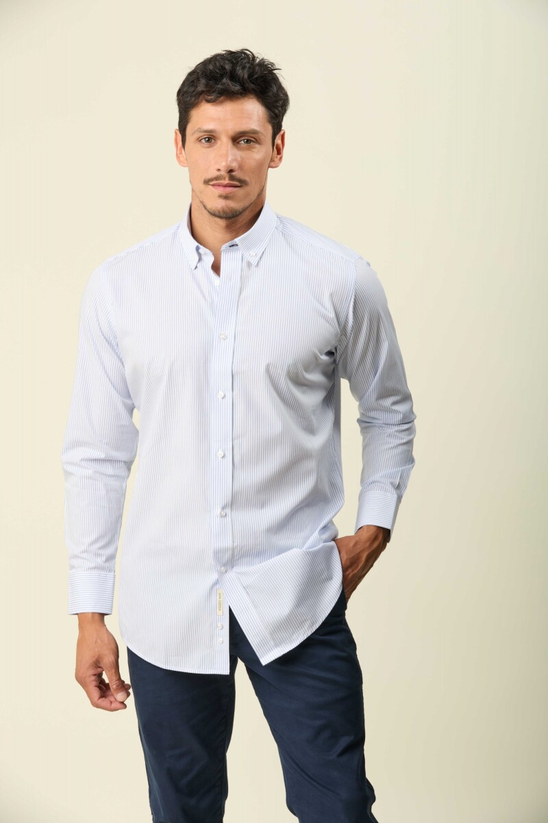 Camisa Sport Algodón Manga Larga - Blanca con Raya Celeste 