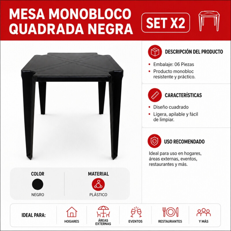 Set x2 Mesa cuadrada 70 x 70 cm NEGRO