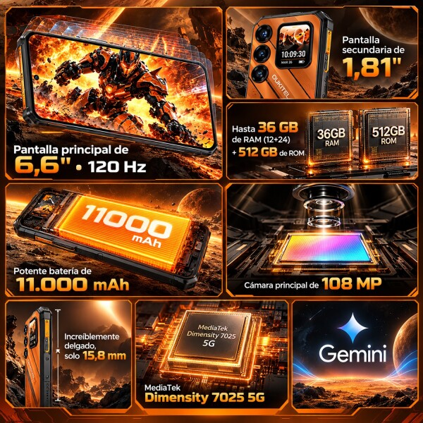 Celular De Trabajo Oukitel Wp66 5g 36(12+24)gb 512gb 11000mah CEL OUKITEL WP66 5G 12/512GB NARANJA