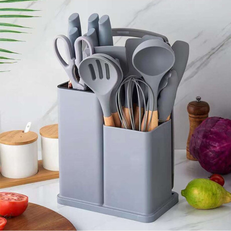 Set Cocina Menage 19Pz Utensillos Cuchillos Tabla c/Soporte Gris