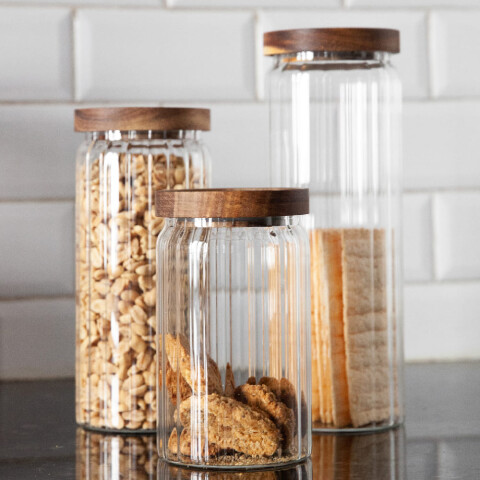 Contenedor vidrio acanalado tapa madera 750ml