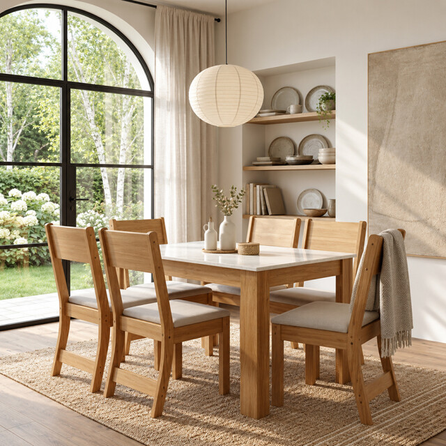 JUEGO DE COMEDOR MESA Y 6 SILLAS CON ASIENTO TAPIZADO JUEGO DE COMEDOR MESA Y 6 SILLAS CON ASIENTO TAPIZADO