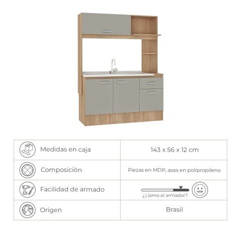 Kit de cocina compacta 4 puertas 1 cajón 141x50x185cm + Pileta Central Hormigón + Monocomando Carvale / Cinza