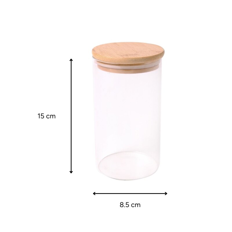 Frasco de vidrio con tapa de madera 8.5x15 cm Frasco De Vidrio Con Tapa De Madera 8.5x15 Cm
