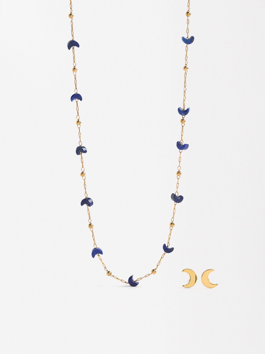 Set Collar Y Pendientes Lunas Y Estrellas - Acero Inoxidable - azul 