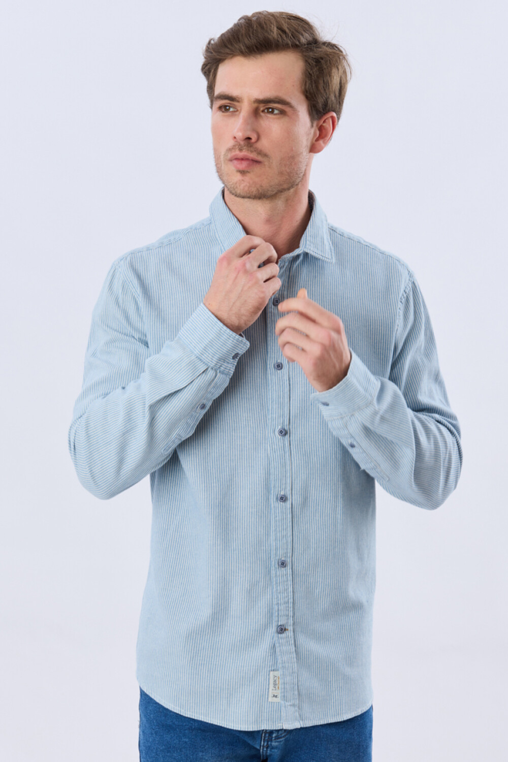 CAMISA RAYADA DE LINO Azul