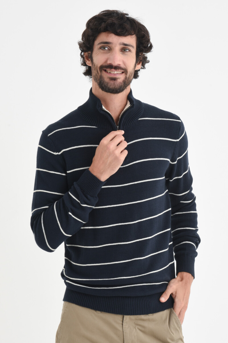 Sweater de punto medio cierre - Azul marino a rayas 