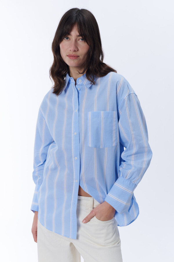 Camisa manga larga con bolsillos rayas Finas Celeste Y Crudo
