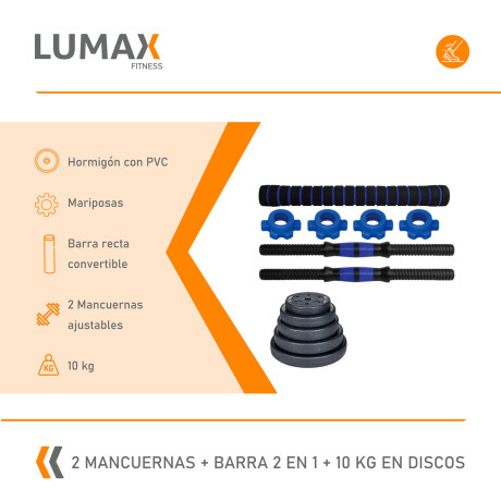 Set 2 Mancuernas Lumax + Barra 2 En 1 + 10kg Discos Pesas Azul