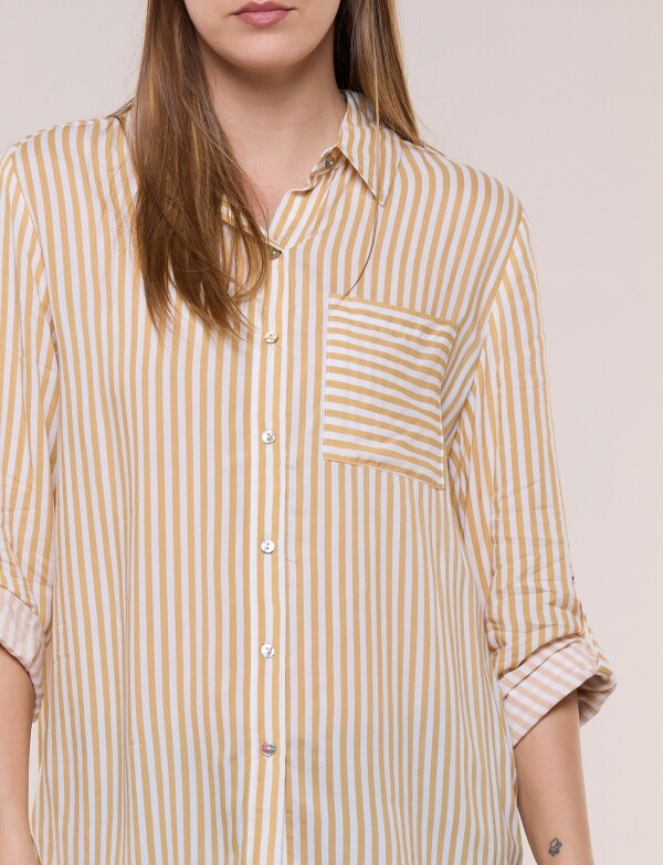 Camisa Clásica Rayada Con Mangas Arremangables MOSTAZA