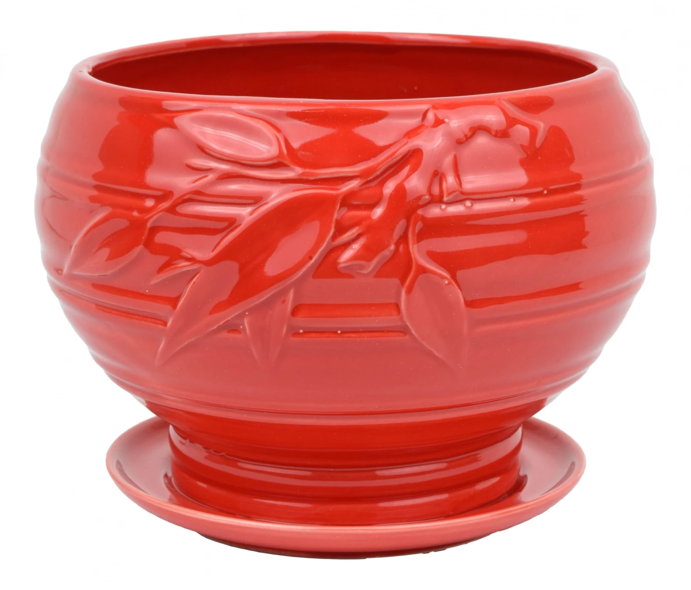 MACETA CERAMICA ROJA LABRADO LINEAS HORIZONTALES C/PLATO 16X13CM 24373 