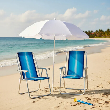 Set Sillas x2 Alum 120Kg + Sombrilla + Saca Arena Playa MOR Celeste/azul