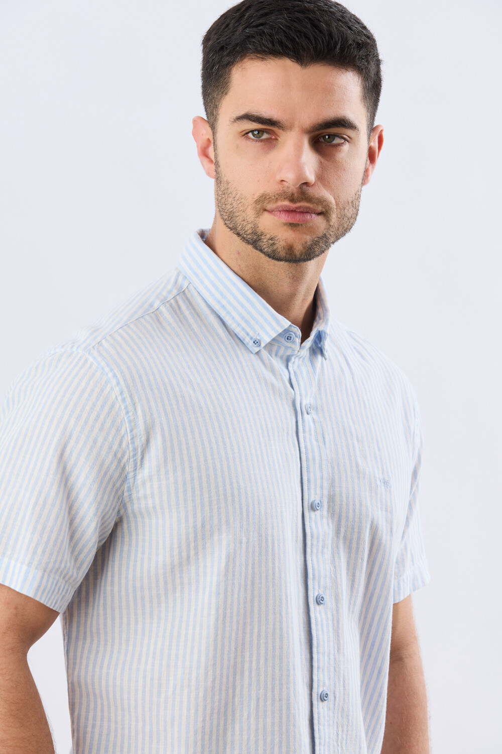 CAMISA RAYADA DE LINO Celeste