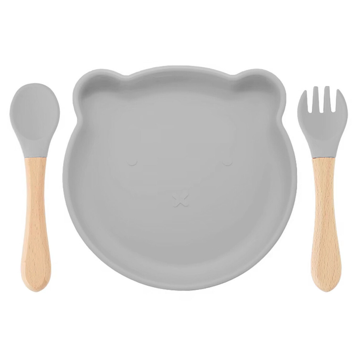 Set Comida Bebé Plato Cuchara Tenedor en Silicona Diseño Oso - Gris 