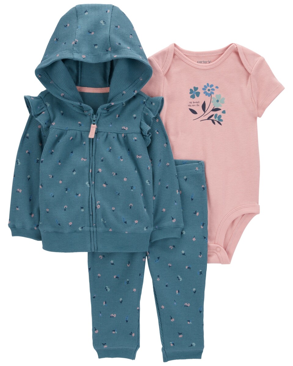 Set tres piezas de algodón, campera y pantalón térmicos, más body, diseño floral 