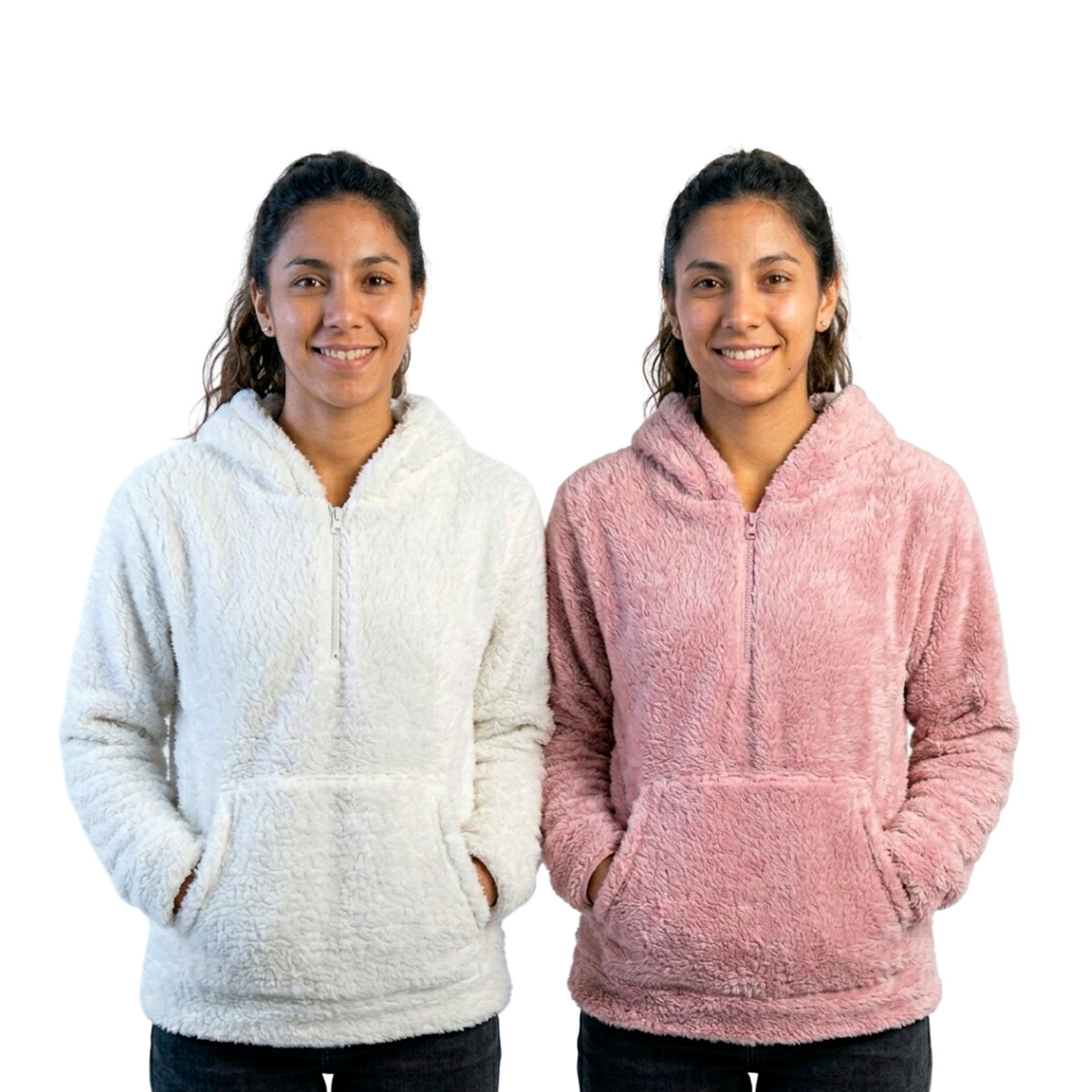 Set2 Buzos Canguro Polar Corderito Unisex Medio Cierre - Rosado/Blanco 
