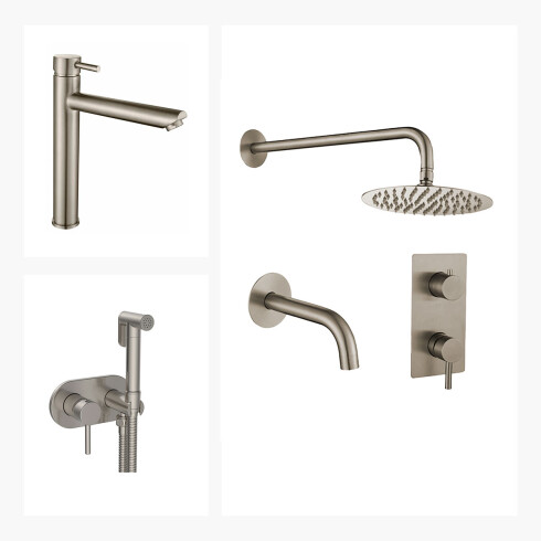 JUEGO COMPLETO DE GRIFERIA MONOCOMANDO DE BAÑO. INCLUYE LAVATORIO ALTO, DUCHA EMBUTIDA Y DUCHA HIGIENICA AQUALIA SERIE VISEU 000