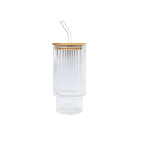 Vaso de vidrio con tapa de bambú y sorbito reutilizable Transparente