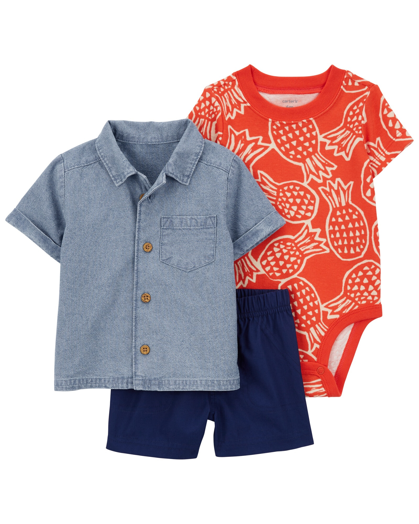 Set tres piezas, short y body de algodón más camisa de chambray Set tres piezas, short y body de algodón más camisa de chambray